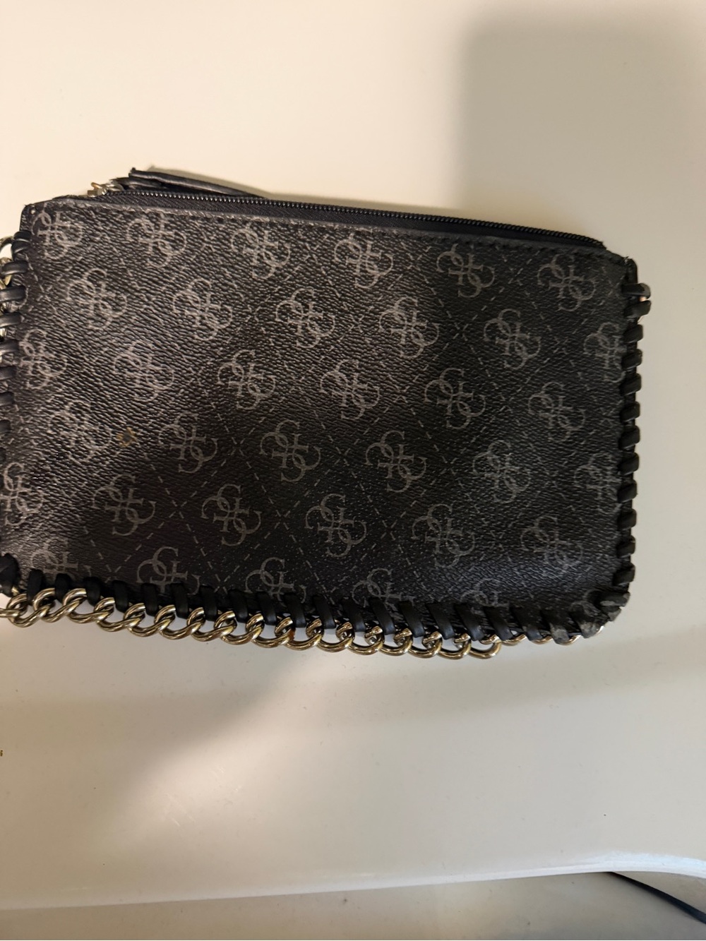 Guess Black Monogram Chain-Trim Clutch with Gold Logo
